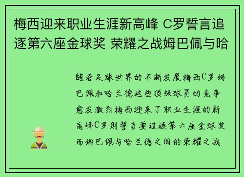 梅西迎来职业生涯新高峰 C罗誓言追逐第六座金球奖 荣耀之战姆巴佩与哈兰德争锋