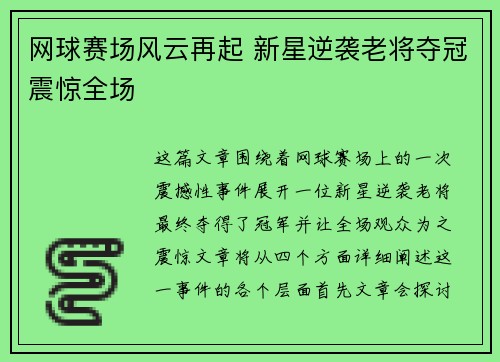 网球赛场风云再起 新星逆袭老将夺冠震惊全场